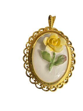 Coalport Fine Bone China Yellow Rose Gold-Plated Pendant Oval Floral Design Vint
